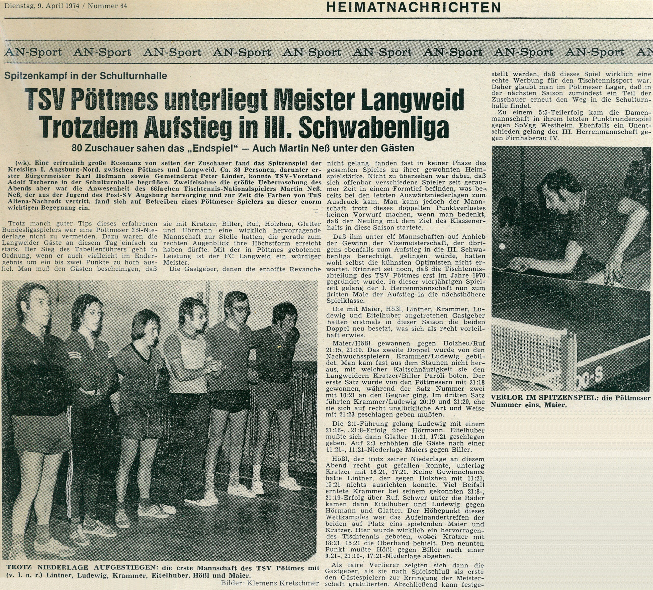 Zeitungsartikel zum Spitzenspiel der Kreisliga 1 Augsburg-Nord zwischen Pöttmes und Langweid 1974