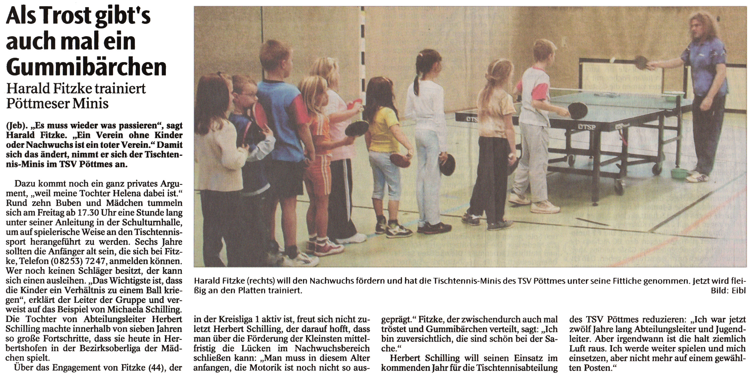Zeitungsartikel zum Neuanfang des Pöttmeser Kinder-Trainings unter Harry Fitzke