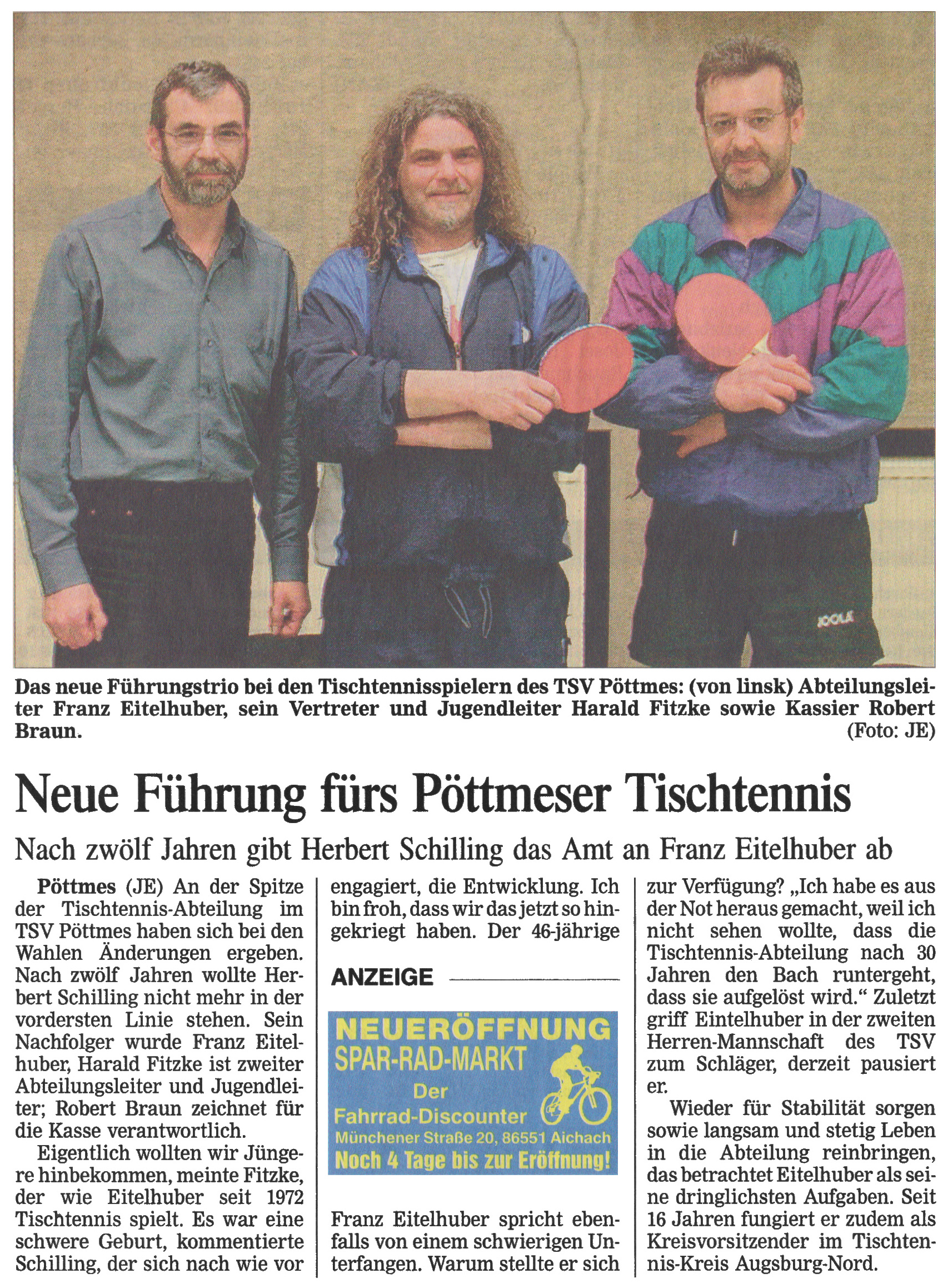 Tischtennis: Zeitungsartikel zum Wechsel der Abteilungsleitung Tischtennis 2005